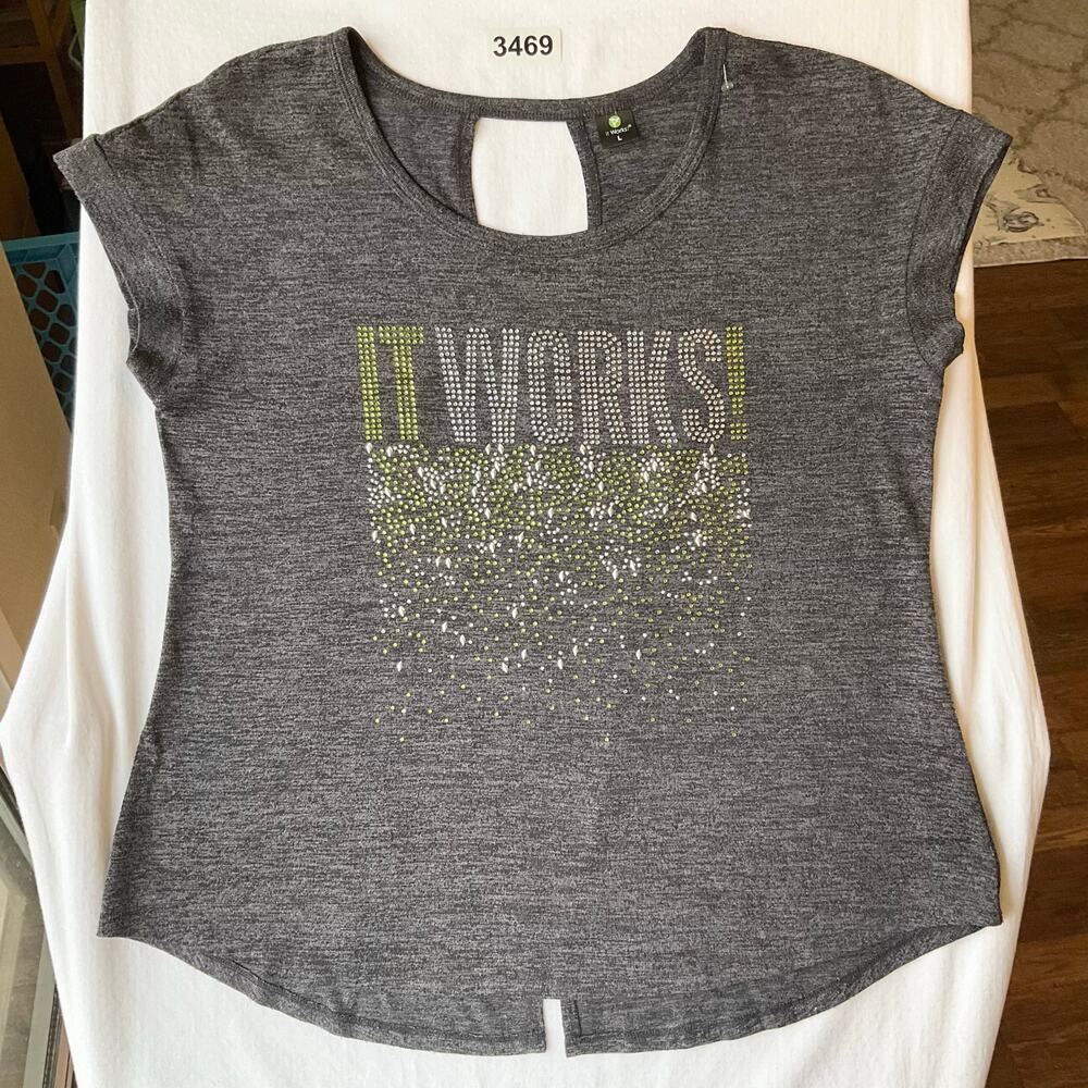 It Works! Women Short Sleeve T-shirt size L, Gray, Rhinestones & Slit Back